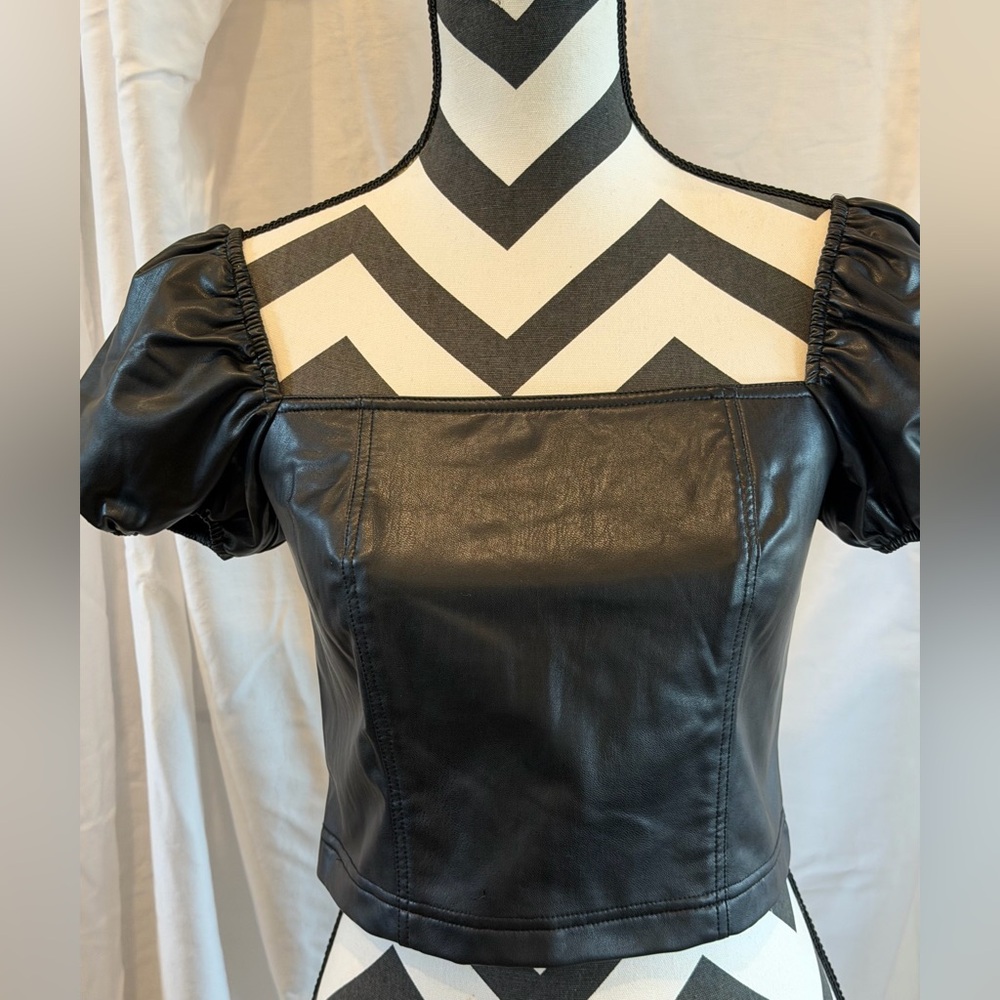Black Puff Sleeve Leather Top Vegan Leather Sz S